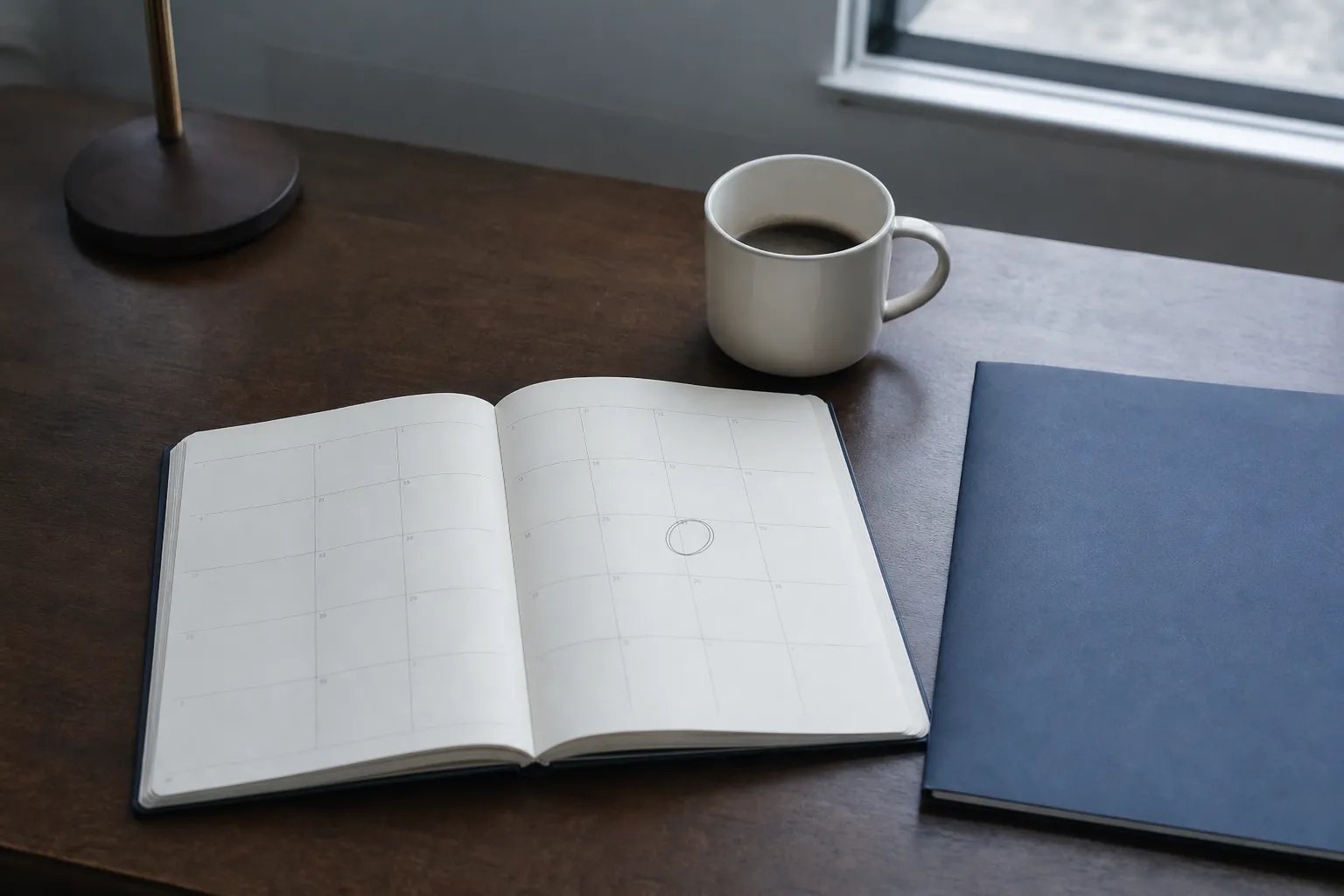 Bureau sobre vu de dessus, agenda ouvert avec une date entourée au crayon, tasse de café, dossier fermé à côté