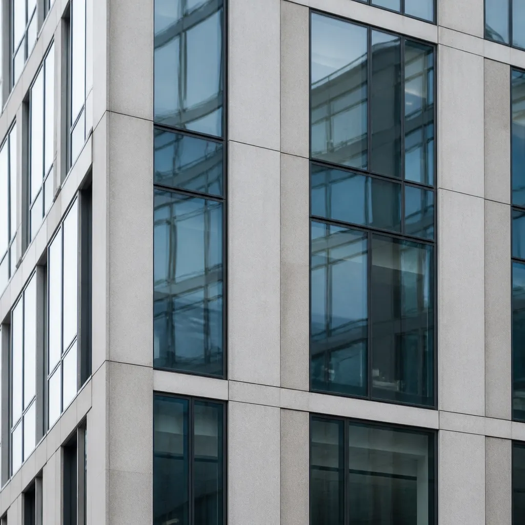 Détail architectural d’une façade d’immeuble de bureaux en verre et béton, quartier de la Part-Dieu à Lyon