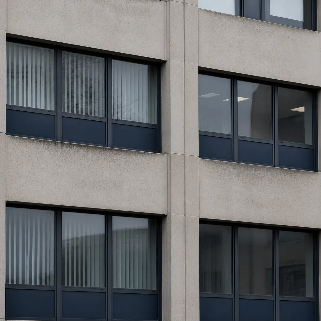 Détail de façade d’un bâtiment municipal ou de bureaux, quartier d’affaires discret près de Lyon