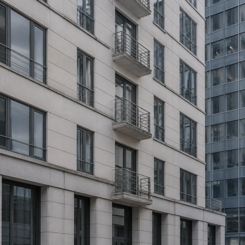 Détail de façade d’un immeuble de bureaux ordinaire, quartier calme près de Lyon