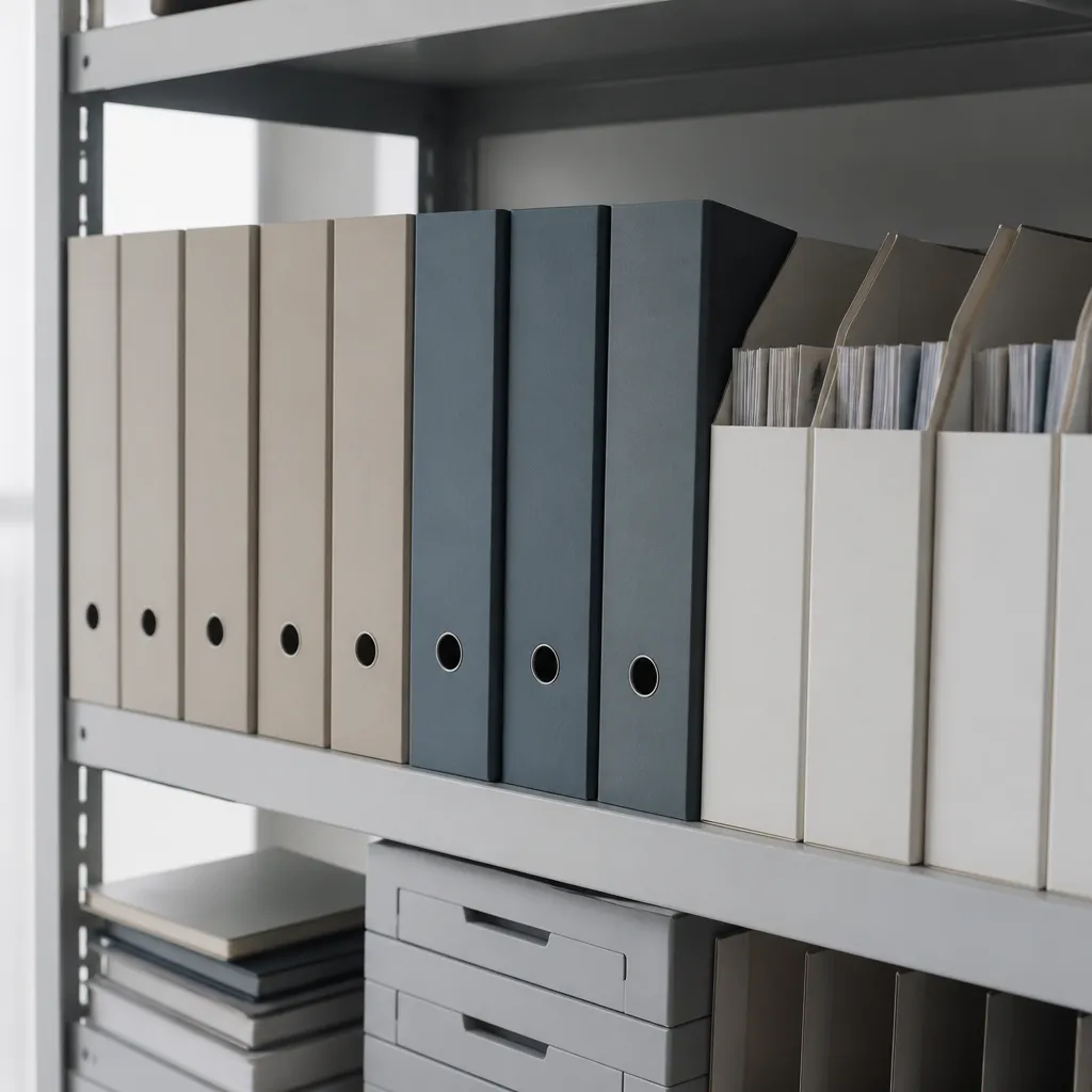 Rangée de dossiers cartonnés et classeurs à levier alignés sur une étagère de bureau sobre